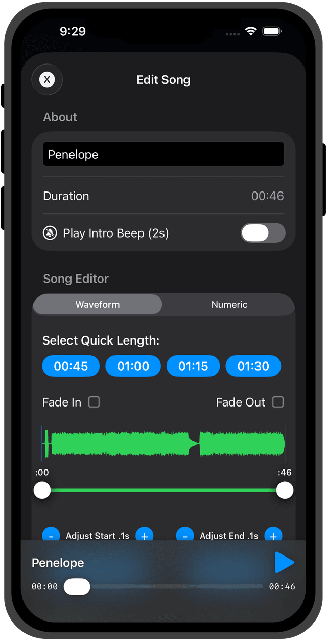 FloorMusic app song editor with waveform and length selector