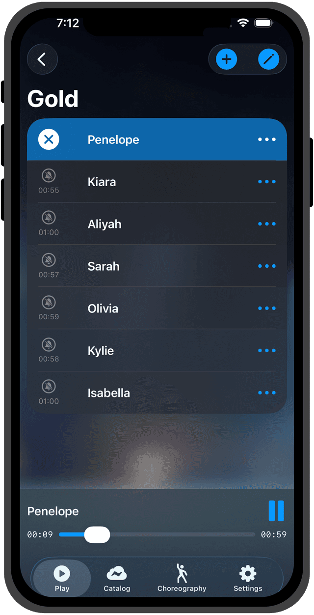 FloorMusic app playlist view showing athletes and songs